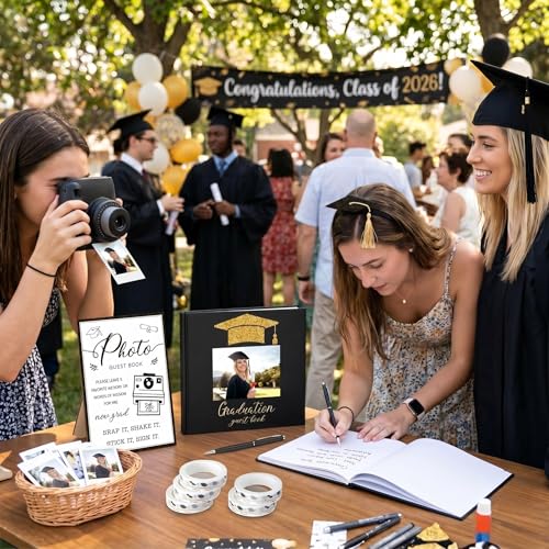 Engrowtic 2026 Graduation Guest Book with Photo Sign Decorations Guest Book Sign 100 Pages Class of 2026 Scrapbook Album DIY Tape Signature Pen for Grad Party(Photo Insertable)
