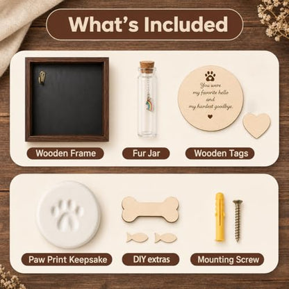 Pet Memorial Shadow Box, Rustic Solid Wood Keepsake Frame with Paw Print Kit, Fur Keepsake Jar & Collar Hook, Sympathy Gift for Dog & Cat Loss, Tabletop or Wall Display