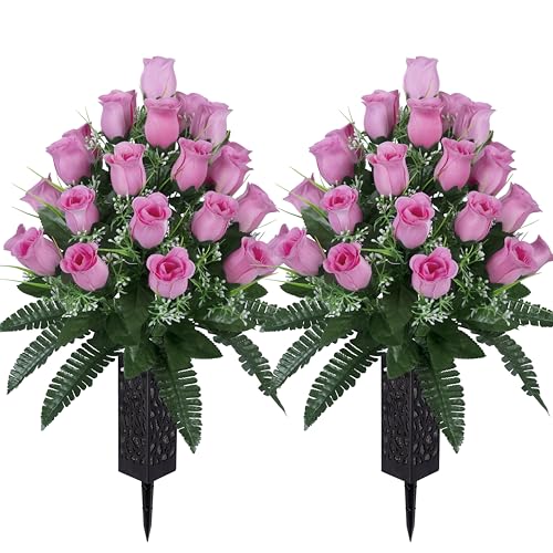 LVXINLI 2 Sets Artificial Cemetery Flowers,Outdoor Grave Decorations Roses,Beautiful Arrangements Bouquet with Cemetery Vase,Lasting and Non-Bleed Colors (Light Pink) - color: Light Pink