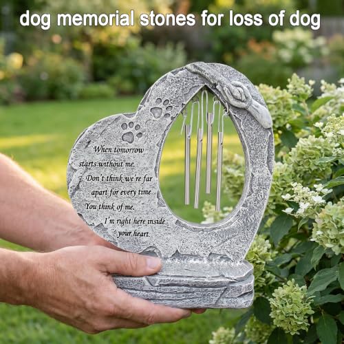 Pet Dog Memorial Stones Garden Stones with Wind Chimes, Sympathy Loss of Pet Dog Memorial Gifts Remembrance Gifts Outdoors Heart Shaped Grave Markes Headstones