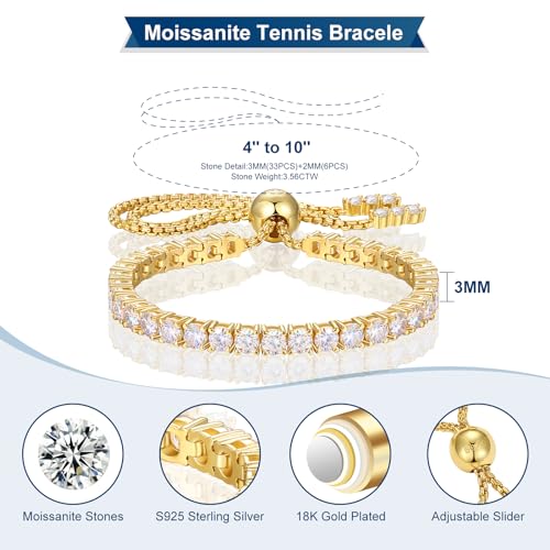 Moissanite Tennis Bracelet 1.79ct-8.69ct Adjustable Bracelet for Women 18K White Gold Plated S925 Sterling Silver Tennis Bracelet D Color VVS1 Round Cut 2/3/4mm Moissanite Bracelet Gifts for Wife/Mom - color: Gold-4MM-8.69Carats