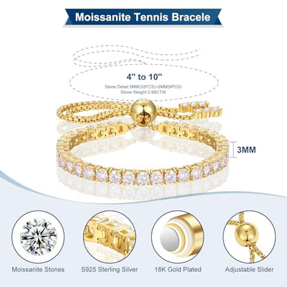 Moissanite Tennis Bracelet 1.79ct-8.69ct Adjustable Bracelet for Women 18K White Gold Plated S925 Sterling Silver Tennis Bracelet D Color VVS1 Round Cut 2/3/4mm Moissanite Bracelet Gifts for Wife/Mom - color: Gold-4MM-8.69Carats