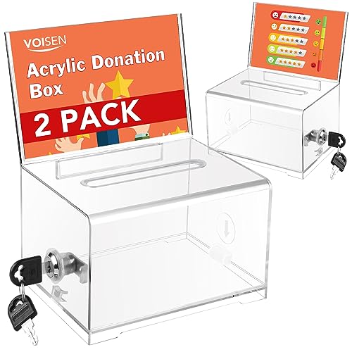Clear Donation Box with Lock,2 Pack Tip Jar with Sign Holder | Suggestion Box for Fundraising, Voting Box with Slot for School,Conference, Cash Box for Farm Stand, 6.2x4.6x3.9 Inch