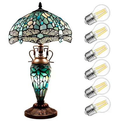 WERFACTORY Tiffany Table Lamp Sea Blue Stained Glass Dragonfly Style 12X12X22 Inches Mother-Daughter Vase Desk Reading Light Decor Bedroom Living Room Home Office S147 Series