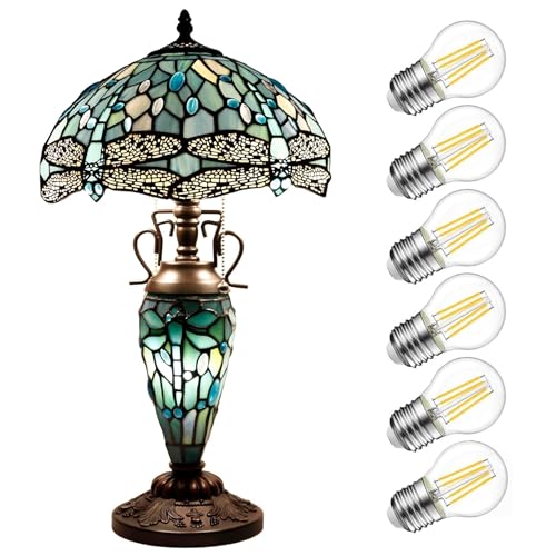 WERFACTORY Tiffany Table Lamp Sea Blue Stained Glass Dragonfly Style 12X12X22 Inches Mother-Daughter Vase Desk Reading Light Decor Bedroom Living Room Home Office S147 Series