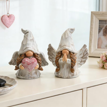 Hodao Angel Gnomes Figurines Set of 2, Handcrafted Wood-Like Resin Guardian Angel Statues with Heart & Prayer, Lucky Home Decor for Shelf, Tiered Tray, Christmas for Mom Grandma Friends