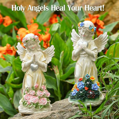 Angel Garden Statue 2Pcs,Love Heart Solar Decor with Warm Light | Waterproof Praying Angel Statue with Flowers,Outdoor Garden Decor Sculpture for Lawn Yard Patio Garden Present, Apricot - style: Heart Praying Angel