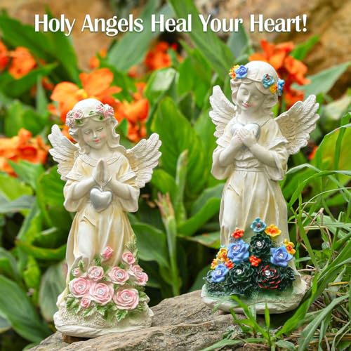 Angel Garden Statue 2Pcs,Love Heart Solar Decor with Warm Light | Waterproof Praying Angel Statue with Flowers,Outdoor Garden Decor Sculpture for Lawn Yard Patio Garden Present, Apricot - style: Heart Praying Angel