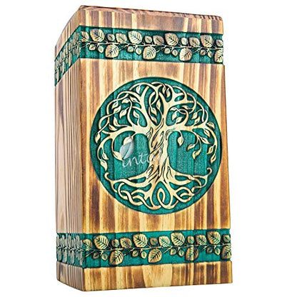 Wooden Cremation Urn for Human Ashes, 115 Cu in, Medium, Teal & Gold | Hand-carved wood, teal over gold, screw-locked sliding base, engraving available, holds up to 115 lb - color: Teal & Gold, size: Small - 8Hx4.75W (115 Cu/In)