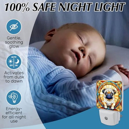 Pug Stained Glass Night Lights Plug into Wall for Room, Pug Night Light LED for Bedroom - color: Pug