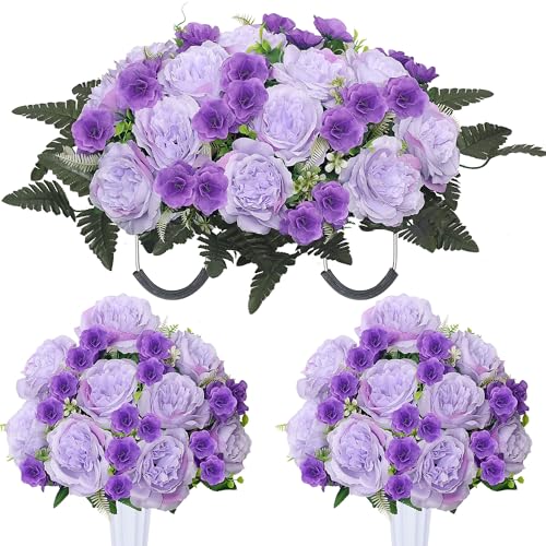 Grave Decorations for Cemetery Headstone Flower Saddle 2PC Artificial Peony Flowers with Vases for Cemetery Decorations(Purple) - color: Purple