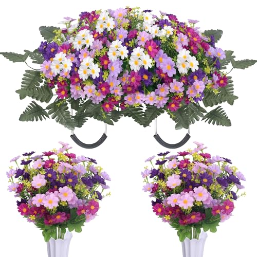 Lodou 3Pack Cemetery Flowers for Grave Large Cemetery Flowers Saddle Artificial Wildflowers Memorial Flowers with Vase Ground Stakes for Outdoors Grave Decorations - color: Purple