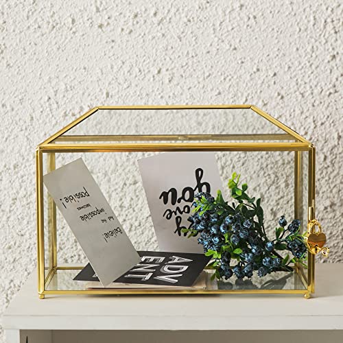 Glass Wedding Card Box with Slot, 12.6 inch Large Clear Card Box Gold Brass Gift Card Storage Box with Lock for Wedding Receptions, Baby Shower, Birthday Party, Bridal Shower - color: 12.5 inch