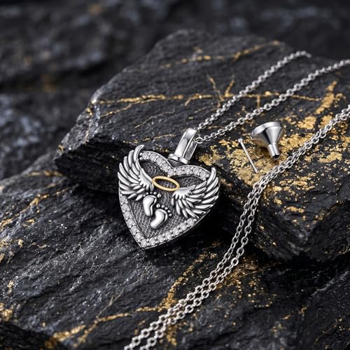 Family Members Urn Necklace for Ashes 925 Sterling Silver Angel Wings Heart Cremation Memorial Keepsake Pendant Jewelry for Loved One's Ashes, with 18" + 2" Stainless Steel Chain - style: Heart-Mommy of an angel