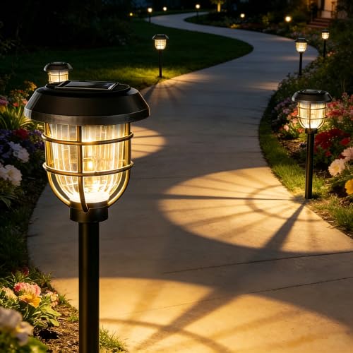 Solar Pathway Lights Outdoor, 8 Pack Bright LED Stake Lights, Waterproof IP65, Auto On Off Dusk to Dawn, Long-Lasting Battery (1000mAh), Up to 12 Hours Lighting for Walkway, Yard & Garden Decor
