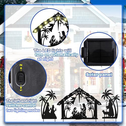 3 Pack Solar Nativity Scene Garden Stake 16.7in Metal Christmas Light - color: Black Jesus