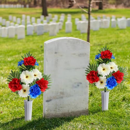 6 Sets Patriotic Memorial Bouquet with Vase Cemetery Flowers for Grave Red Blue Peony and White Mum Thank You Veterans Artificial Flowers 4th of July Funeral Headstones Bouquet Grave Decoration