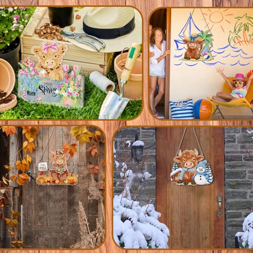Cinnvoice Seasonal Diamond Art Hanging Kit,12 Pcs,Cow | 12 Pcs,Highland Cow,Holiday Diamond Art Wreath, Month Diamond Hanging Sign, Festival Crystal Suncatcher, for Door Window Wall - style: Cow