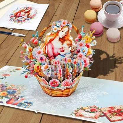 iGifts And Cards Mother & Baby Floral Basket 3D Pop-Up Card 6" x 6" | Eternal Nurture, Watercolor Art, First Mother's Day, Baby Shower, Congratulations, Grandmother, New Parent, Keepsake Memento - color: Mother and Baby