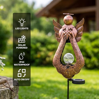 Edenseelake Angel Solar Lights Stake with Crackle Glass Globe Waterproof, Metal Garden Decor Stake LED Light, Memorial Gift for Mom, Women, Friends, Patio, Yard
