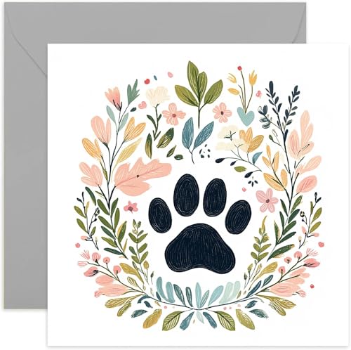 Condolences Card for Dog Owner - Bereavement, Sympathy, Thinking of You for Loss of Cat - Botanical Floral Painting of Paw Print - Square, Blank Inside