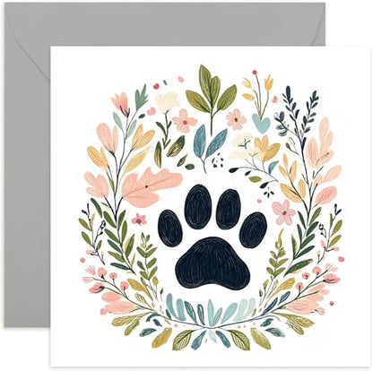 Condolences Card for Dog Owner - Bereavement, Sympathy, Thinking of You for Loss of Cat - Botanical Floral Painting of Paw Print - Square, Blank Inside