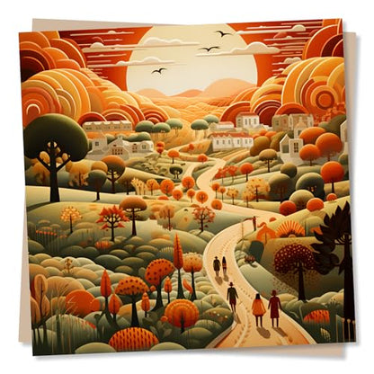 Beautiful Orange Countryside Scene Greetings Card - Blank Card With Hills, Sun, Birds, Road - Made in UK