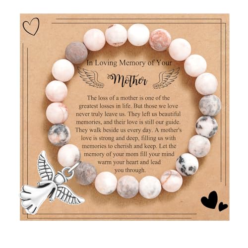 Sympathy Gifts for Loss of Loved one Memorial Healing Remembrance Condolence Grief Present for Women Pink Beads Bracelet With Angel Wings - style: Pink-Angel-In Loving Memory of Your Mother