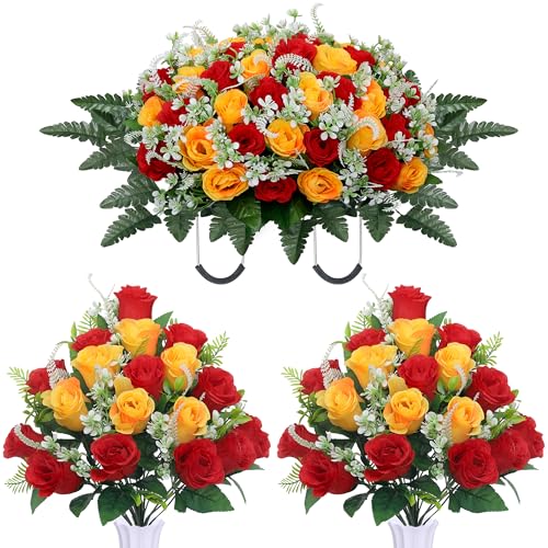 3pcs Headstone Flowers Saddle for Tombstone,Cemetery Flower Memorial Bouquet with Vase,Rose Headstone Flowers Saddle (red Yellow) - color: Red Yellow