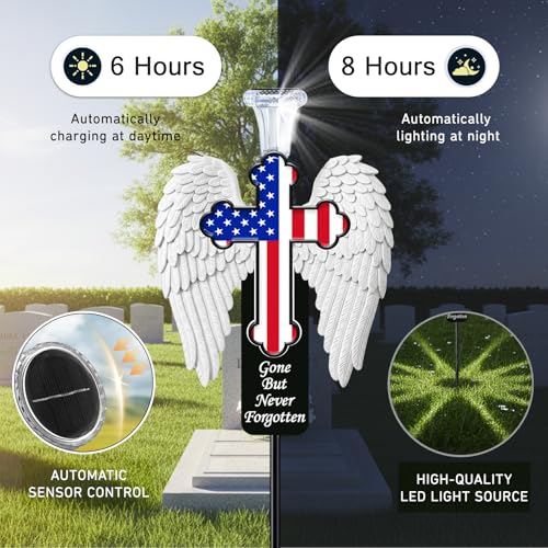 Solar Memorial Cross with Angel Wings - Patriotic American Flag Cemetery Decorations - 2026 USA 250th Anniversary Veteran Grave Marker, Father's Day Tribute - style: Angel wings