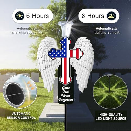 Solar Memorial Cross with Angel Wings - Patriotic American Flag Cemetery Decorations - 2026 USA 250th Anniversary Veteran Grave Marker, Father's Day Tribute - style: Angel wings