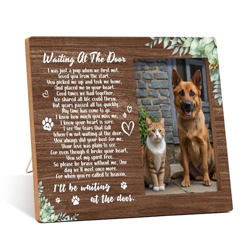 Pet Dog Cat Memorial Photo Frame - Waiting At The Door Dogs Wooden Tabletop Picture Frame - Sympathy Memorial Gifts For Loss Of Dog Cat Owner - In Loving Memory Greenery Frames Favors -03 - style: Greenery
