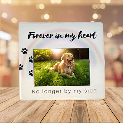 BANBERRY DESIGNS Dog Memorial Picture Frame for the Loss of Pet - Pet Sympathy Gift for Dog Loss - Rainbow Bridge Memorial Frame -No Longer By My Side Forever In My Heart - Photo Opening is 4" X 6"