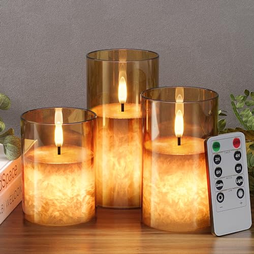 Battery Operated Flameless Candles with Remote & Timer, Gold Glass 3Pack - color: Gold