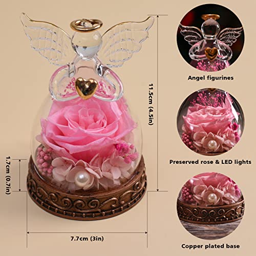 Preserved Real Rose in Glass Angel Figurine with LED Light, Angel Gifts for Women, Mom, Grandma on Mother's Day Christmas Birthday (Pink) - color: Pink