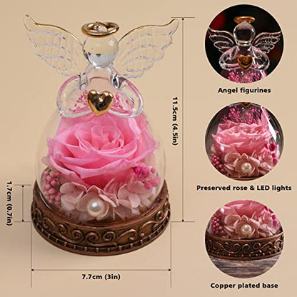 Preserved Real Rose in Glass Angel Figurine with LED Light, Angel Gifts for Women, Mom, Grandma on Mother's Day Christmas Birthday (Pink) - color: Pink