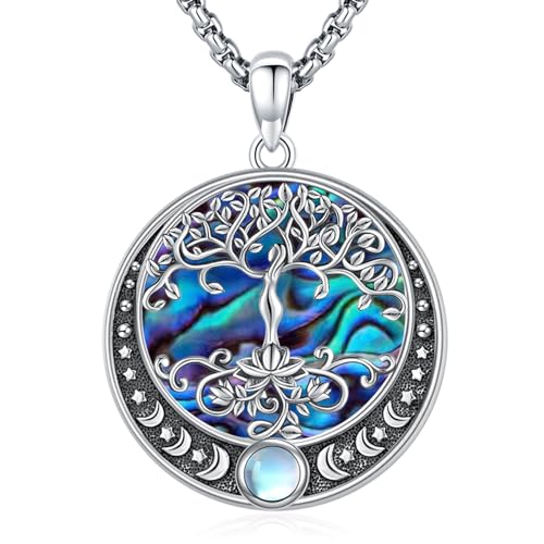 Sterling Silver Tree of Life Necklace for Women Oval Family Tree Necklace Abalone Shell Moonstone Pendant Mother Day Necklace for Mom Tree of Life Jewelry - style: Tree of Life-Moon Phase