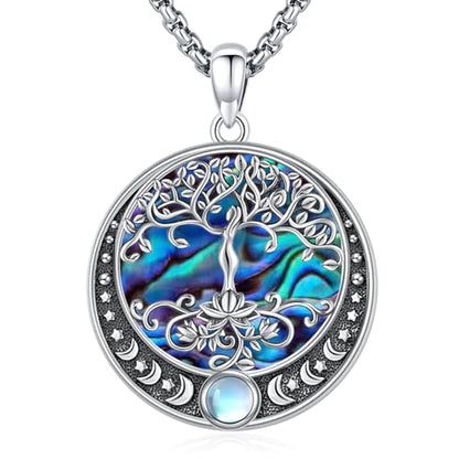Sterling Silver Tree of Life Necklace for Women Oval Family Tree Necklace Abalone Shell Moonstone Pendant Mother Day Necklace for Mom Tree of Life Jewelry - style: Tree of Life-Moon Phase