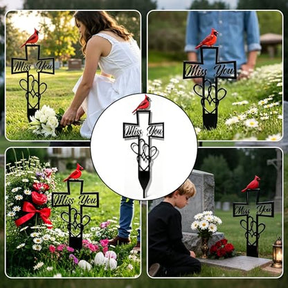 2 Pcs Metal Cemetery Memorial Plaque for Remembrance,Metal Cemetery Plaque with Cross & "Miss You" Heart,Cardinals Memorial Grave Markers,Outdoor Ground Stake for Cemetery, Garden,Memorial Tribute 6x12 Inch