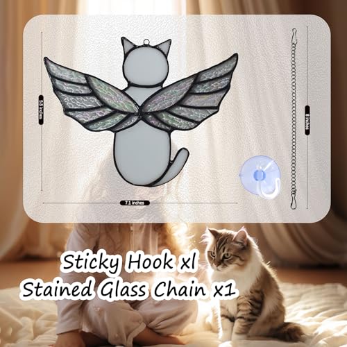 Angel Rainbow Wing Memorial Gifts - Stained Glass Cat Suncatcher, Loss of Cat Sympathy Gift (White) - color: White
