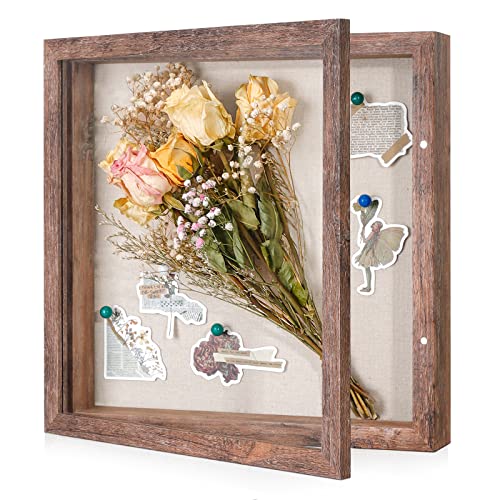 11x11 Shadow Box Frame with Linen Back - Sturdy Rustic Memory Display Case of Flower, Pictures, Medals and More, Rustic Brown - color: Rustic Brown, size: 11x11