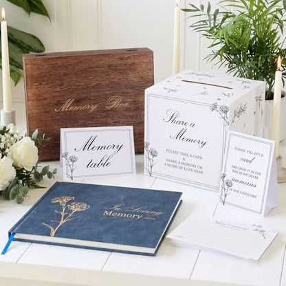 Funeral Guest Book Set with Wooden Keepsake Box, Memory Cards & Pens | Complete Memorial Table Set Includes guest book, keepsake box, 50 memory cards, card drop box, sign, instruction card & pens - style: Guest Box Kit