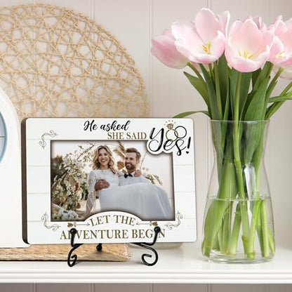 Engagement Picture Frame, He Asked She Said Yes Wedding Photo Frames, Newly wed Gifts for The Couple Newly Engaged, Engagement Party Favors, Let The Adventure Begin (4 x 6 Photo)-A03 - color: white wedding