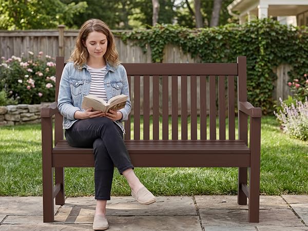 2-Person Outdoor Bench with 700 Lbs Weight Capacity, Brown | Poly Lumber Weatherproof Garden Bench Seating for Porch, Balcony and Park, All-Weather Patio Bench Furniture - color: Brown