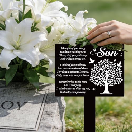 GLOBLELAND Rectangular Son Tree Garden Stake Tree Birds Memorial Remembrance Son Texts Plaque Acrylic Stake Heart Blessing "Think of You Every Day" Garden Plaque for Yard Grave Cemetery