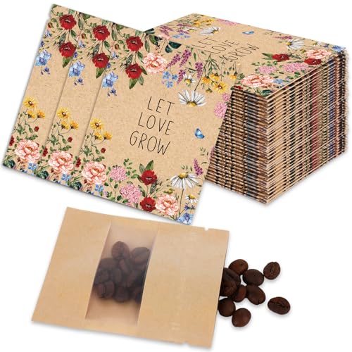 JarThenaAMCS 50Pcs Wildflower Seed Coin Envelopes Let Love Grow Spring Kraft Paper Zip Bag with Window Vintage Floral Resealable Seed Packets for Flower Vegetable Plant Seeds Party Favors, (No Seed)