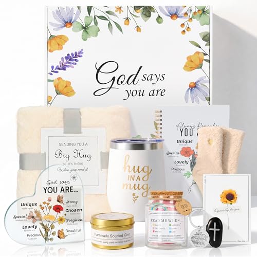 Defresit 10Pcs Christian Gifts for Women, Religious Gifts for Women | Gift Baskets with Tumbler, Bible Verse Jar and Blanket, for Mom, Grandma, Friends, Birthday, Well Soon, Christmas - color: White