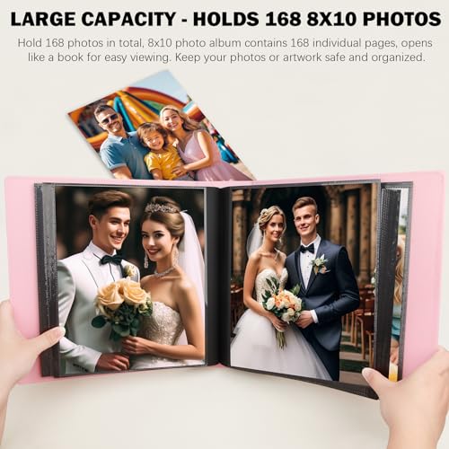 Aevdor 8x10 Photo Album, 168 Photos, Leather Cover, Pink | Large Capacity, Side-Loading Clear Pockets, Vertical 8x10 Layout, Black Inner Pages, Wedding, Travel, Baby & Family Memories - color: Pink