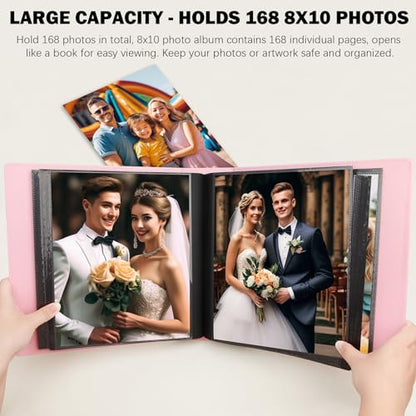 Aevdor 8x10 Photo Album, 168 Photos, Leather Cover, Pink | Large Capacity, Side-Loading Clear Pockets, Vertical 8x10 Layout, Black Inner Pages, Wedding, Travel, Baby & Family Memories - color: Pink