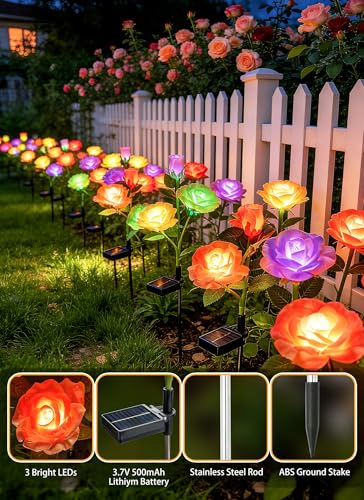 Brightown Solar Garden Lights, 4 Pack 7-Color Changing Rose Flower Lights - color: 7 Color Rose